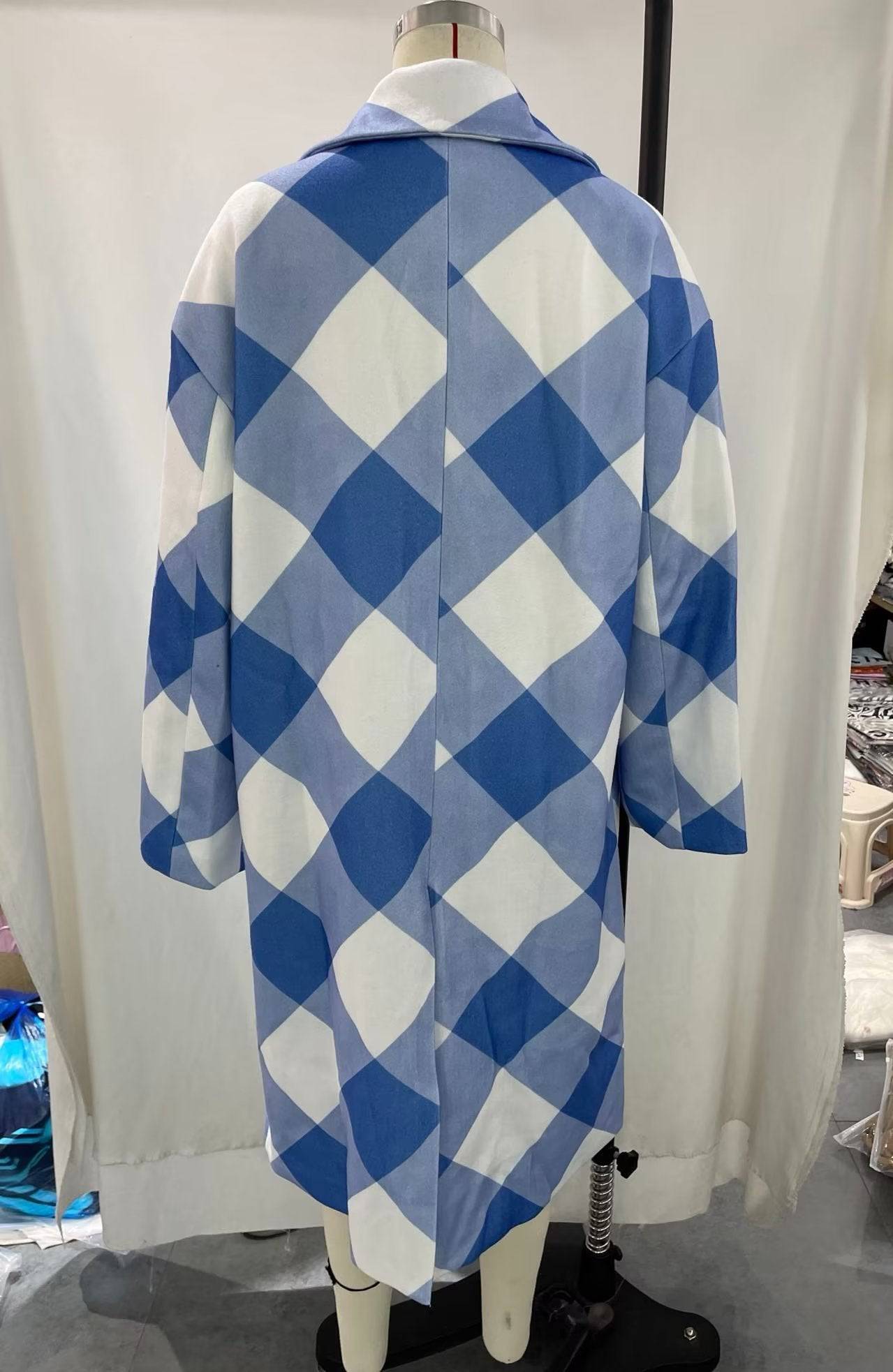 Blue Plaid Checkered Double Breasted Loose Fit Coat    