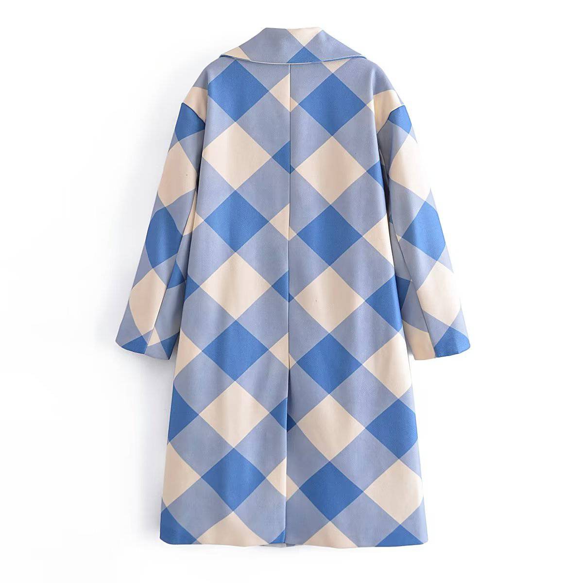 Blue Plaid Checkered Double Breasted Loose Fit Coat    