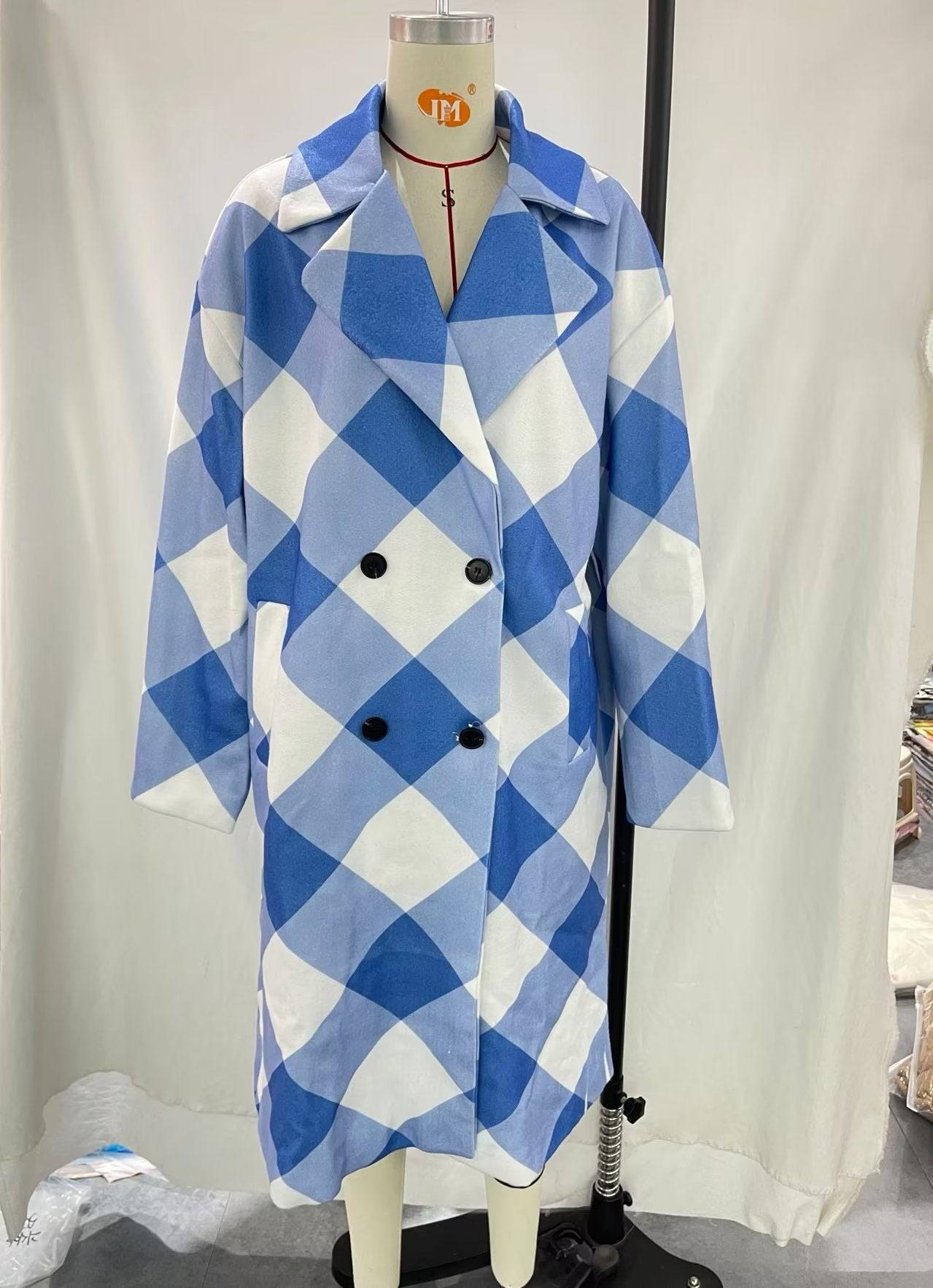 Blue Plaid Checkered Double Breasted Loose Fit Coat    