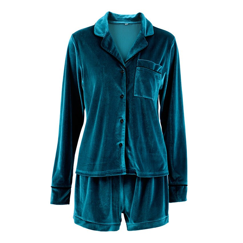 Blue Velvet V-Neck Cardigan with Suit Collar for Women - Long Sleeve Homewear Pajama Set  S Blue 