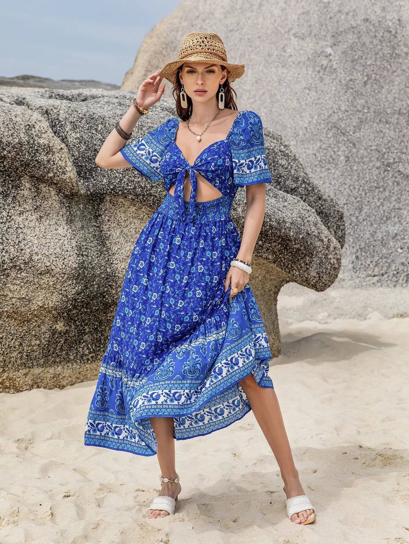 Bohemian Blue Floral Maxi Dress    