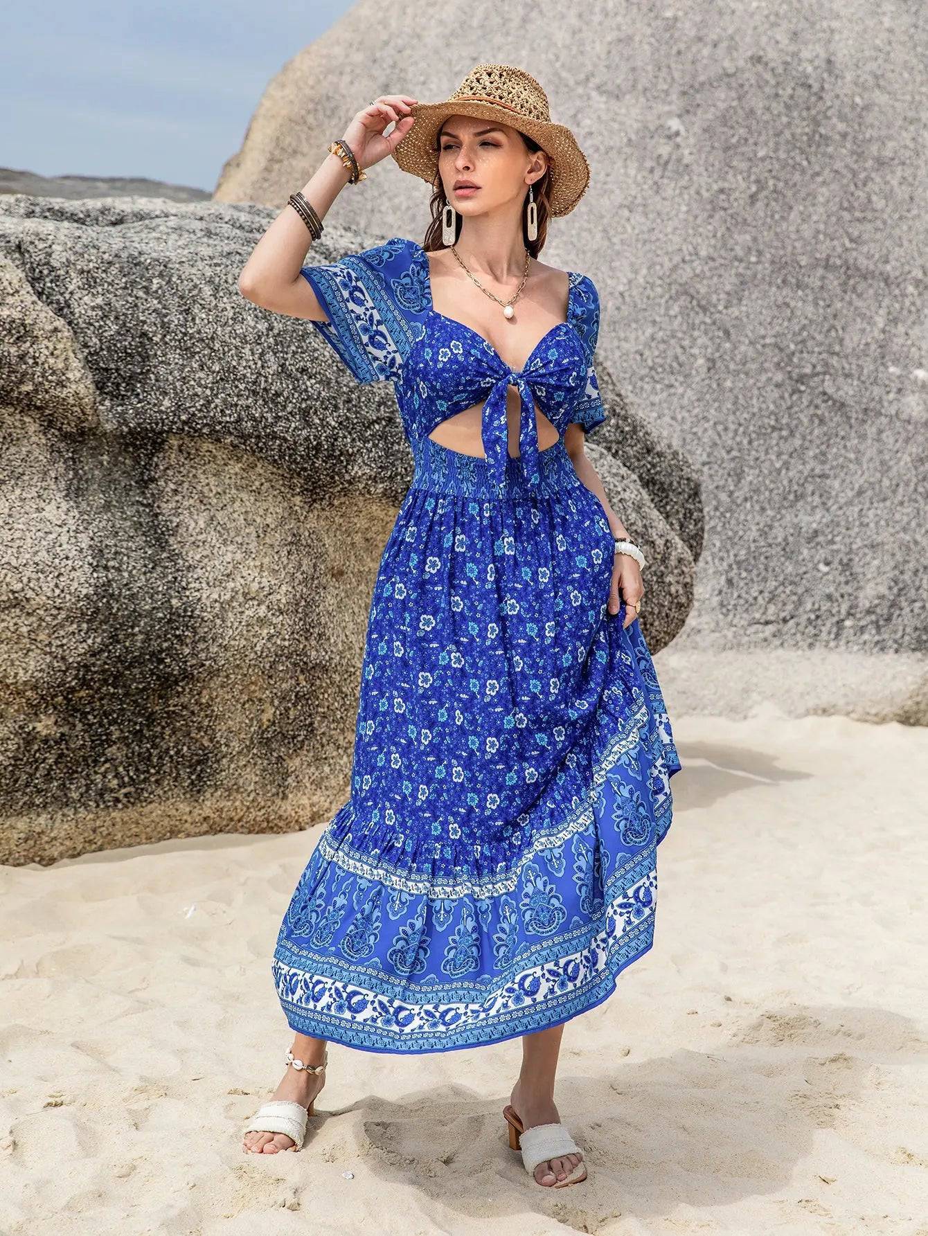 Bohemian Blue Floral Maxi Dress    