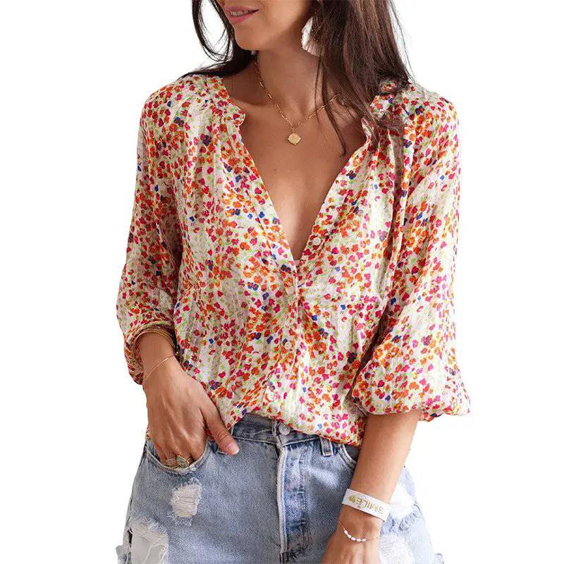 Bohemian Floral Print V-neck Pullover Shirt for Women  S Multi 