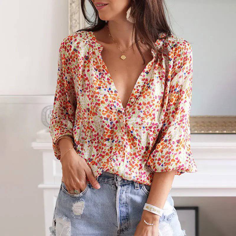 Bohemian Floral Print V-neck Pullover Shirt for Women    