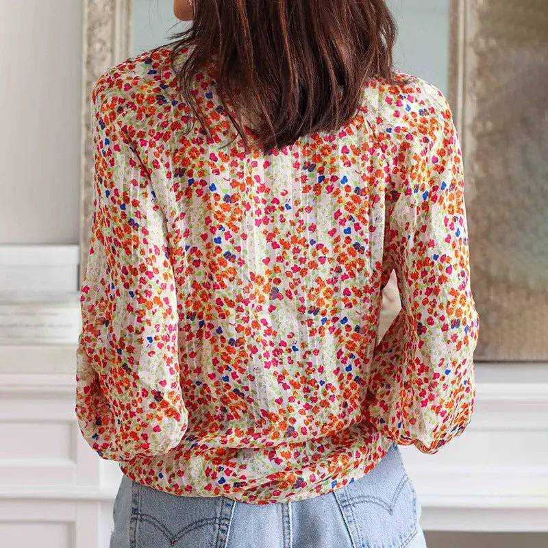 Bohemian Floral Print V-neck Pullover Shirt for Women    