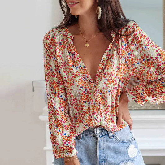 Bohemian Floral Print V-neck Pullover Shirt for Women    