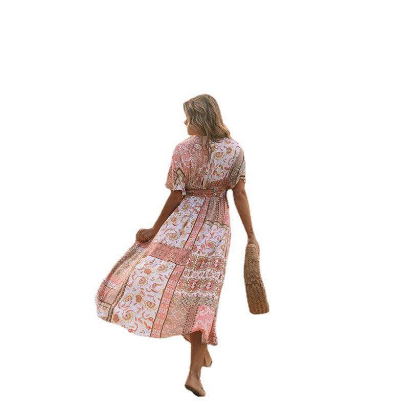 Bohemian Spirit Spring Dress with Irregular Asymmetric Pattern Print    