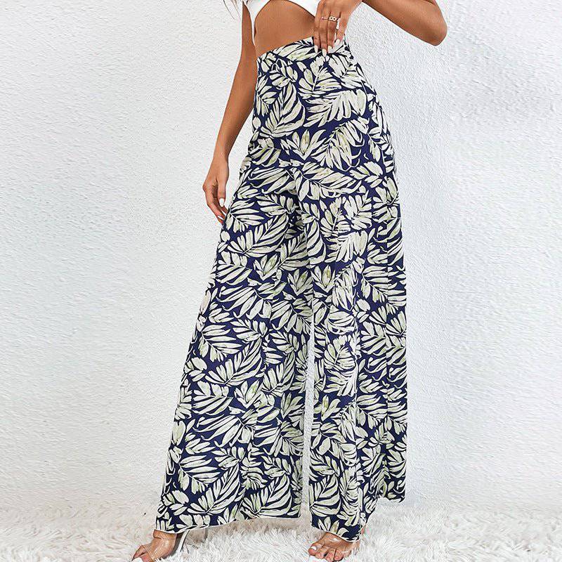 Bohemian Tropical Print High Waist Wide Leg Pants for Women  S Blue 