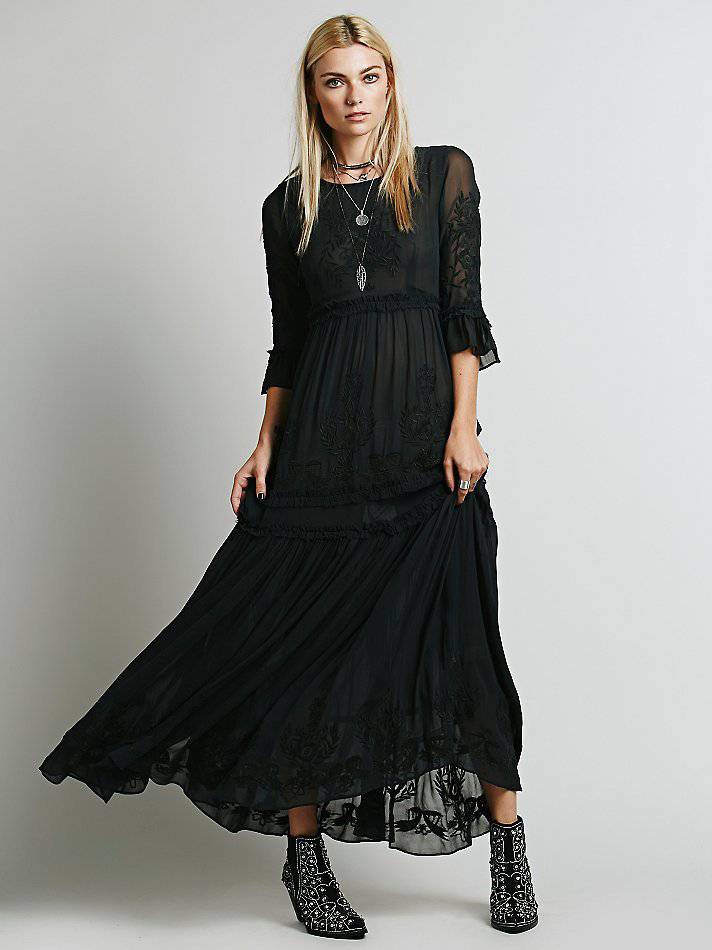 Boho Chic Embroidered Maxi Dress for Women  S Black 