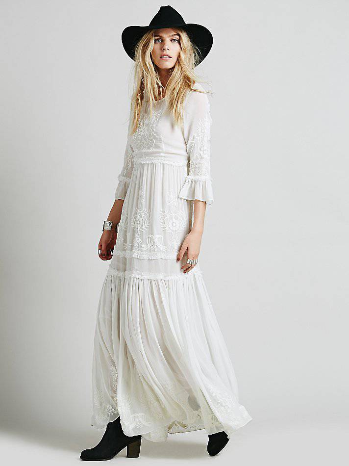 Boho Chic Embroidered Maxi Dress for Women  S White 