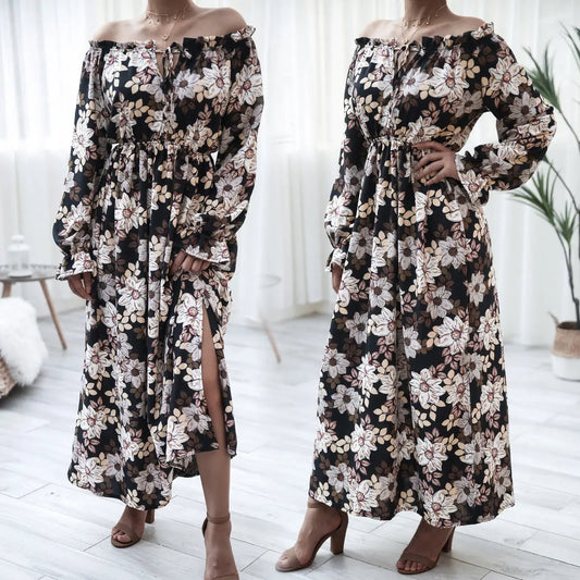 Boho Chic Floral A-Line Vacation Dress with Bell Sleeves  S Black 