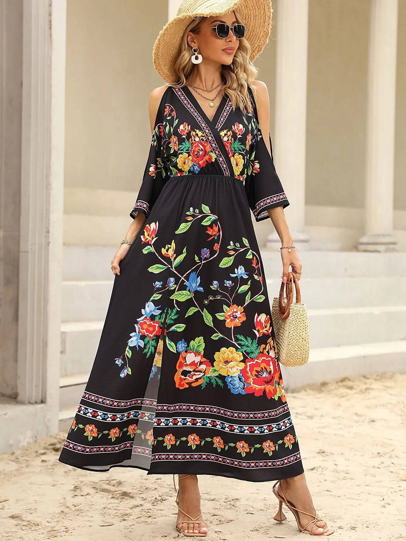 Boho Chic Floral Maxi Dress for Women  S Black 