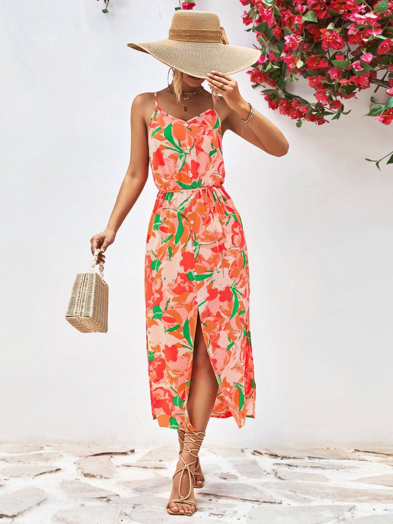 Boho Chic Floral Print Marigold Dress with Spaghetti Straps and High Split