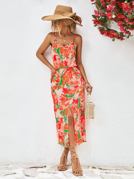 Boho Chic Floral Print Marigold Dress with Spaghetti Straps and High Split