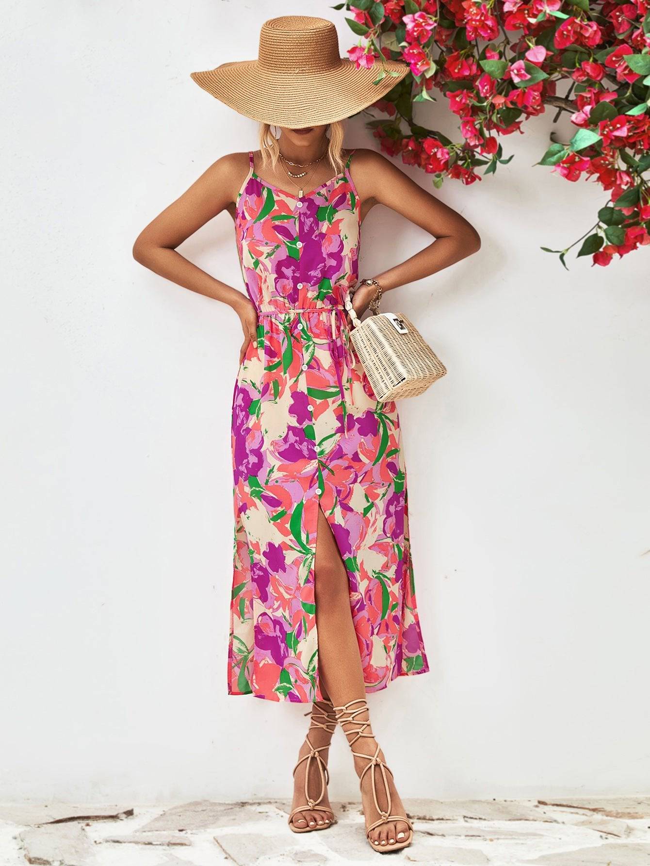 Boho Chic Floral Print Purple Dress with Spaghetti Straps and High Split