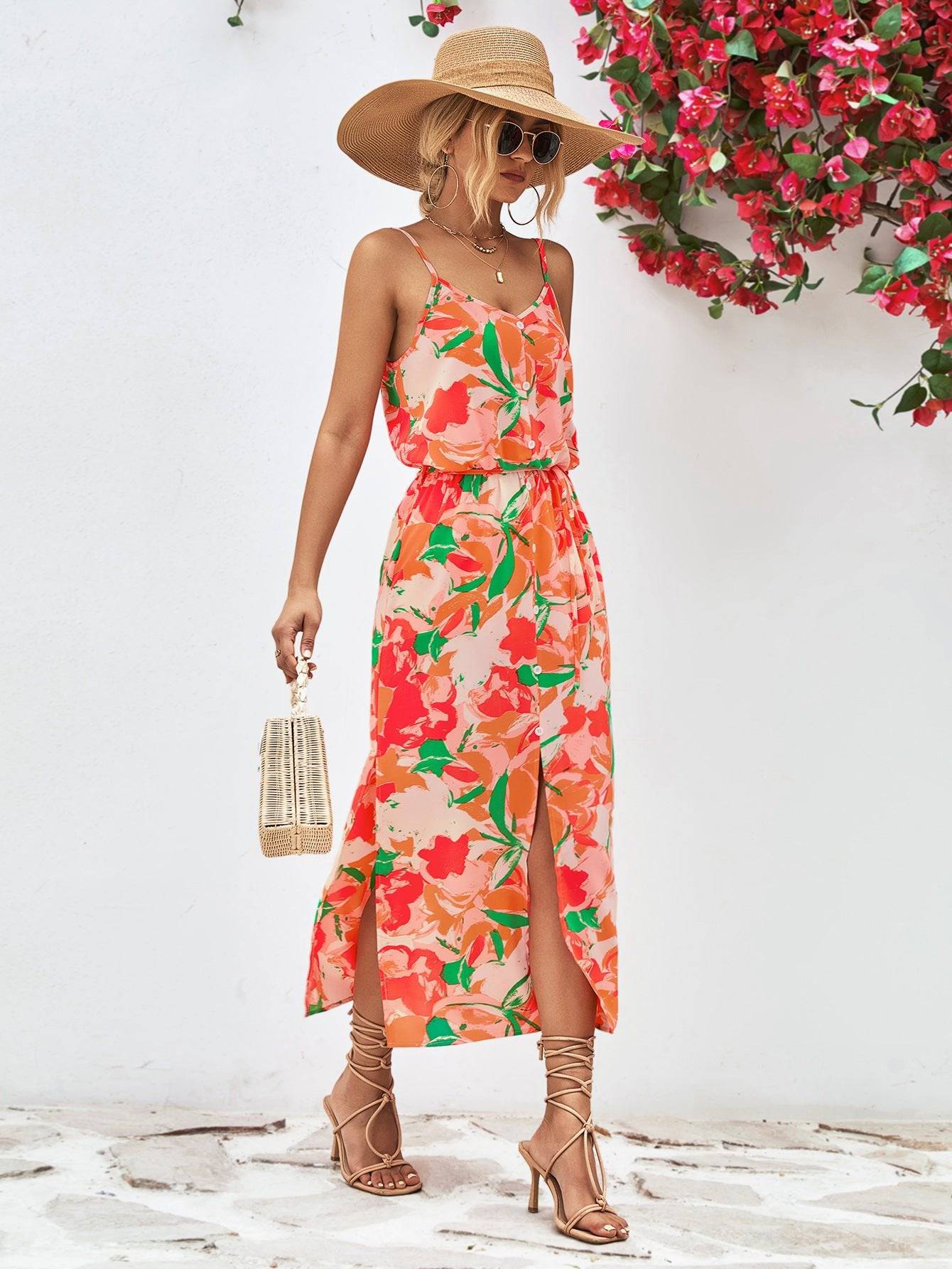 Boho Chic Floral Print Marigold Dress with Spaghetti Straps and High Split