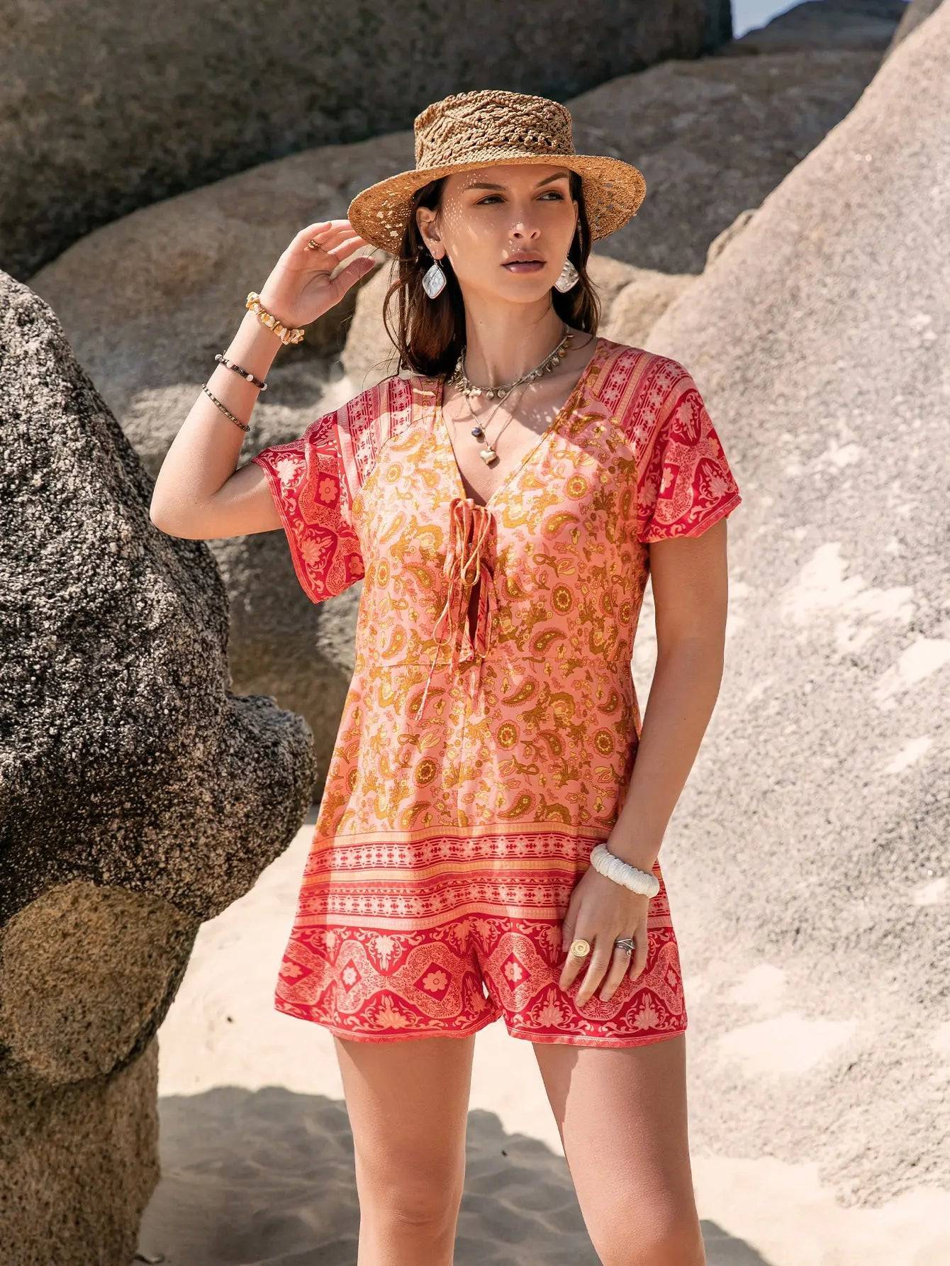 Boho Chic Floral Print Vacation Jumpsuit  S Orange 