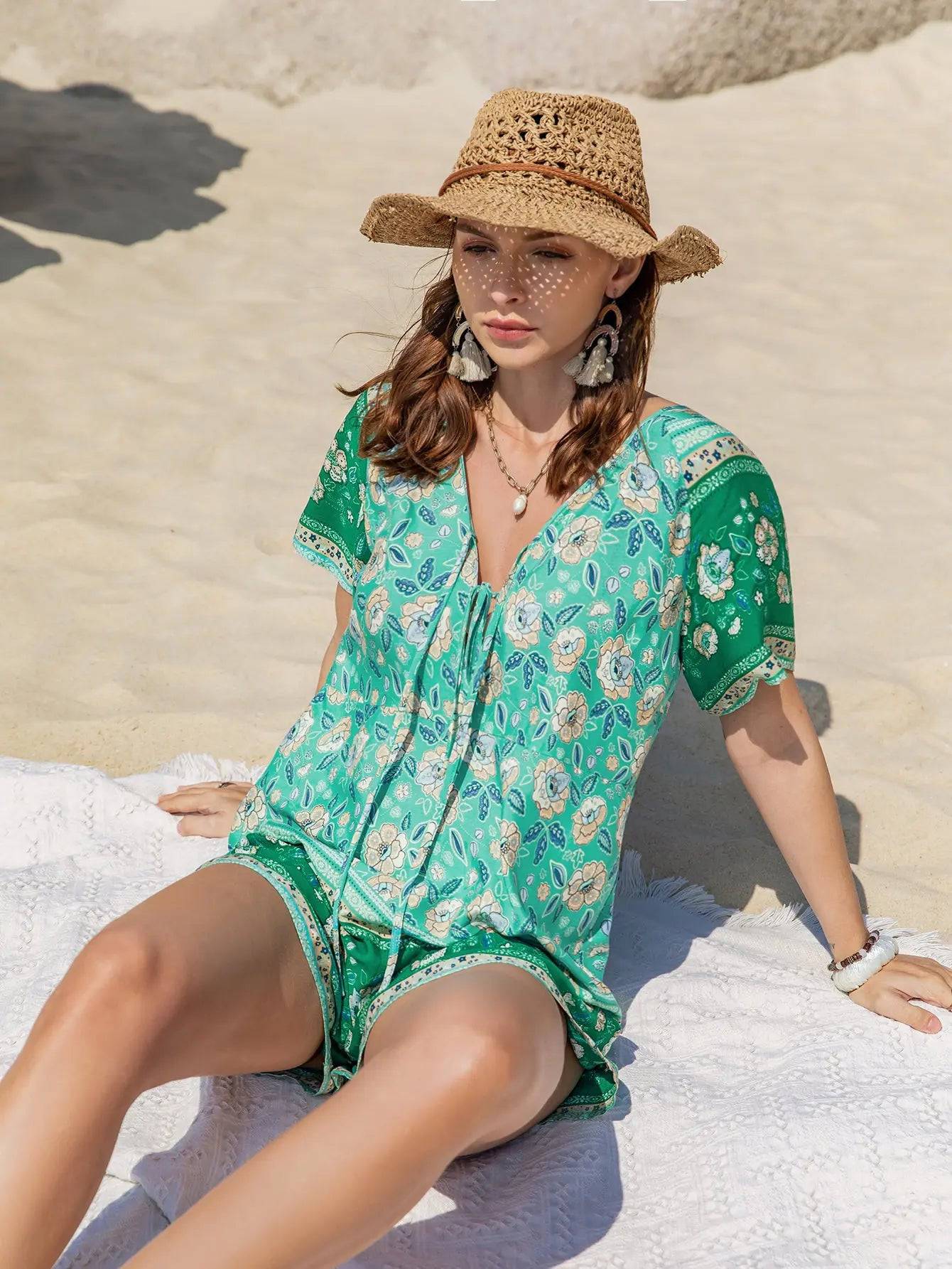 Boho Chic Floral Print Vacation Jumpsuit  S Green 