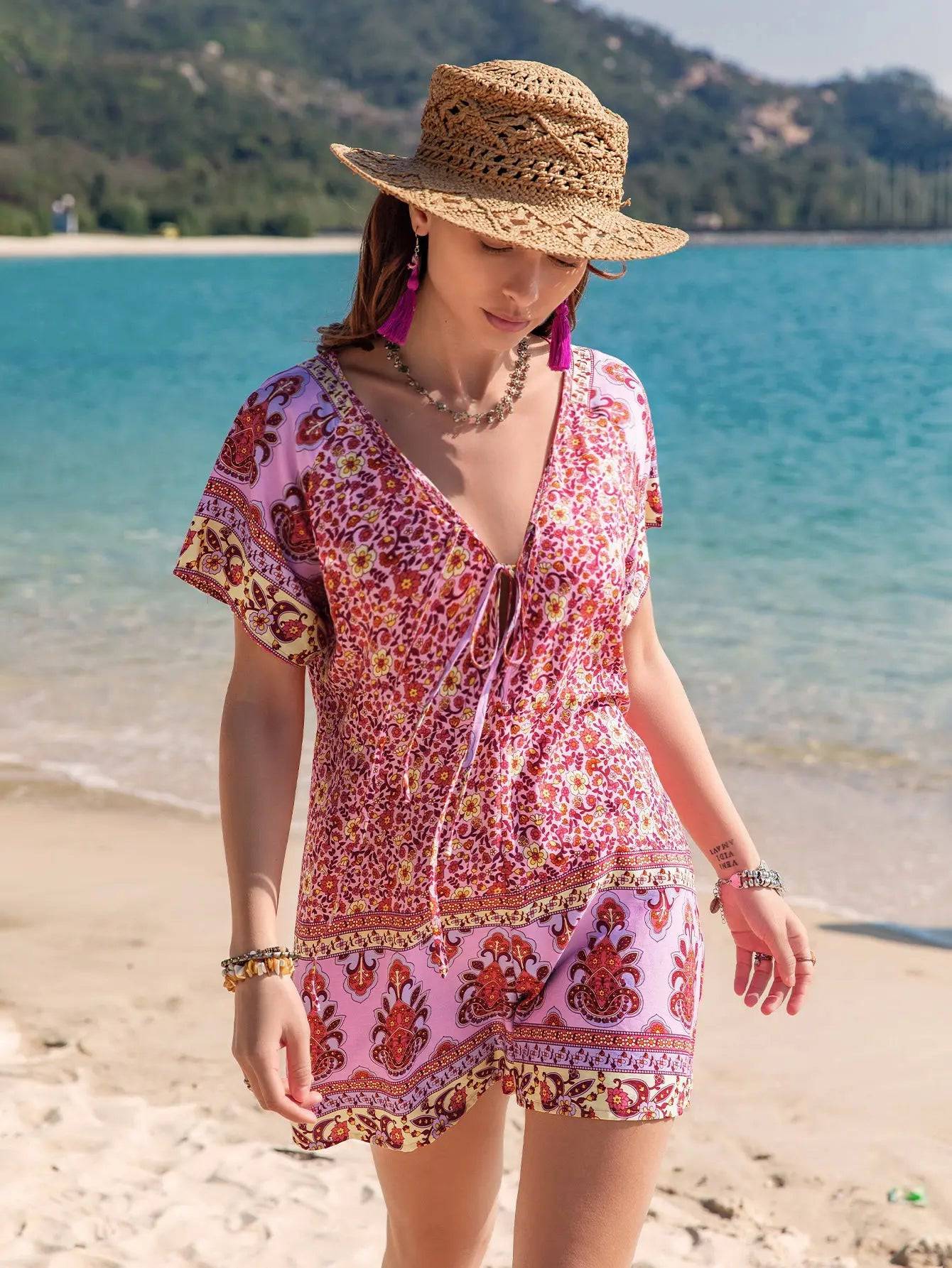 Boho Chic Floral Print Vacation Jumpsuit  S Pink 