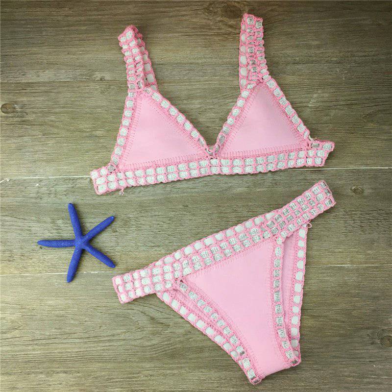 Boho-Chic Hand Crocheted Swimsuit Set with Knitted Stitching  S Full Pink 