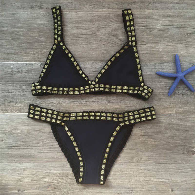 Boho-Chic Hand Crocheted Swimsuit Set with Knitted Stitching  S Black 