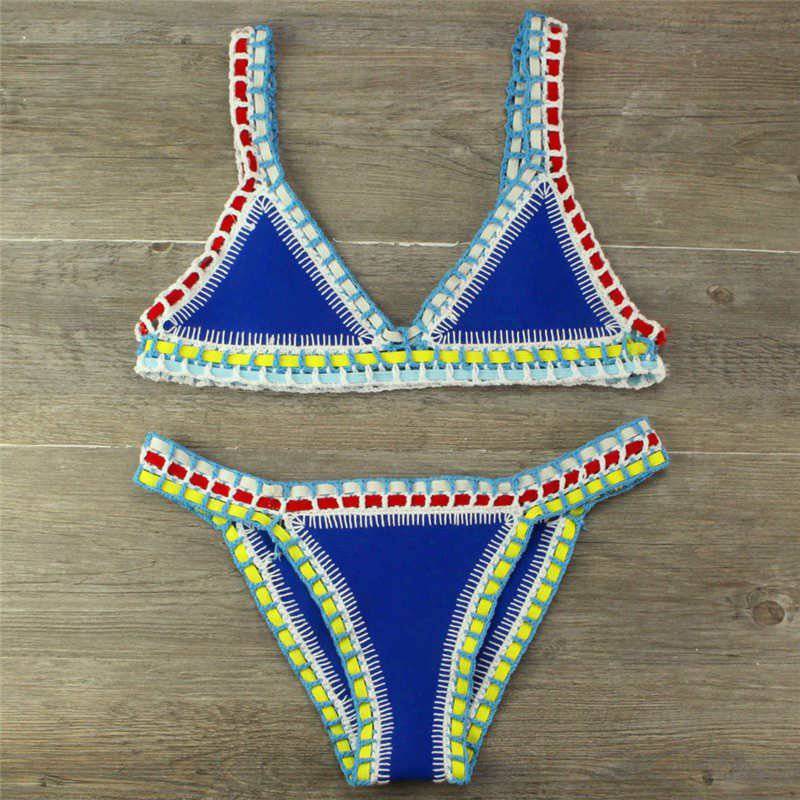 Boho-Chic Hand Crocheted Swimsuit Set with Knitted Stitching  S Blue 