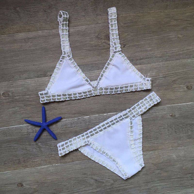 Boho-Chic Hand Crocheted Swimsuit Set with Knitted Stitching  S White 