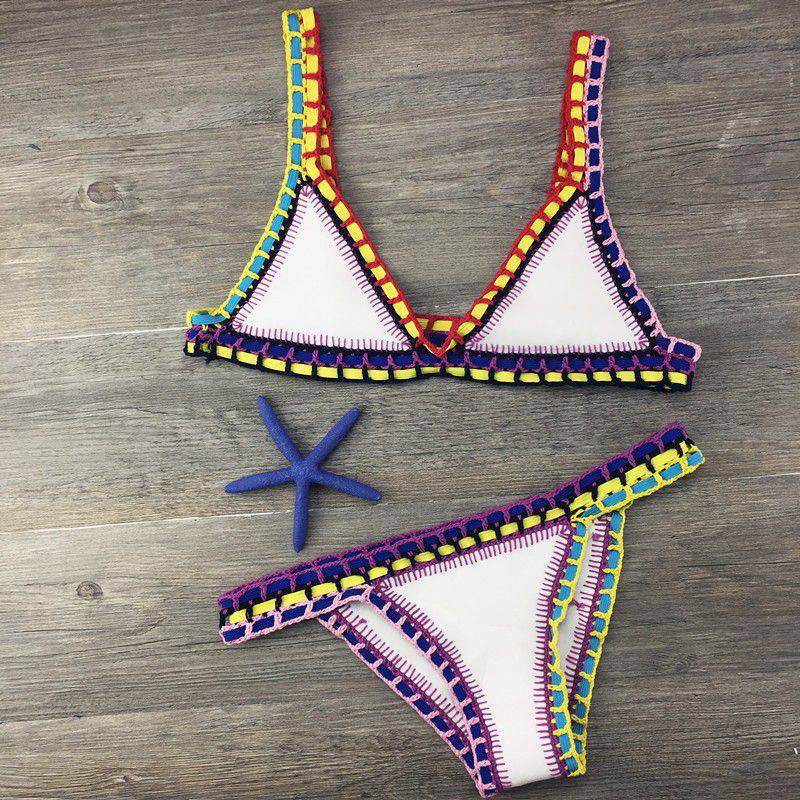 Boho-Chic Hand Crocheted Swimsuit Set with Knitted Stitching  S Purple 