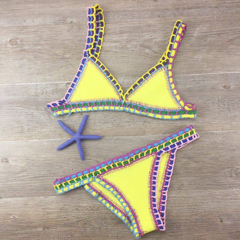 Boho-Chic Hand Crocheted Swimsuit Set with Knitted Stitching  S Yellow 