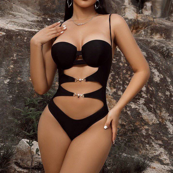 Boho Chic Solid Color Cutout One-Piece Swimsuit with Tie Elements    