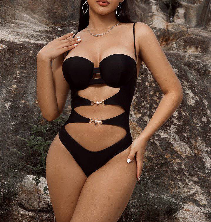 Boho Chic Solid Color Cutout One-Piece Swimsuit with Tie Elements  S Black 