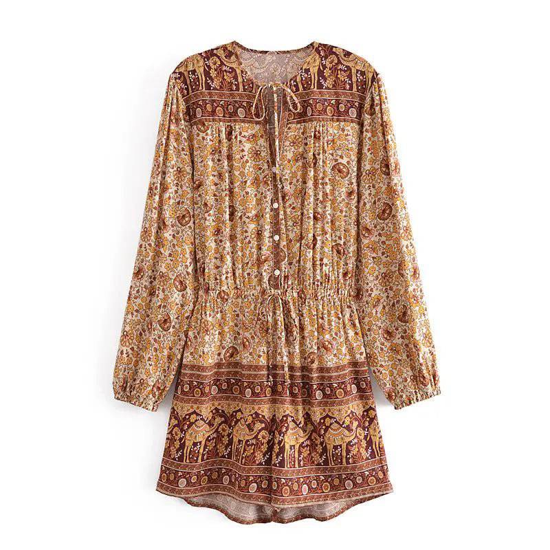 Boho Floral Tassel Long-Sleeved Jumpsuit  S Brown 