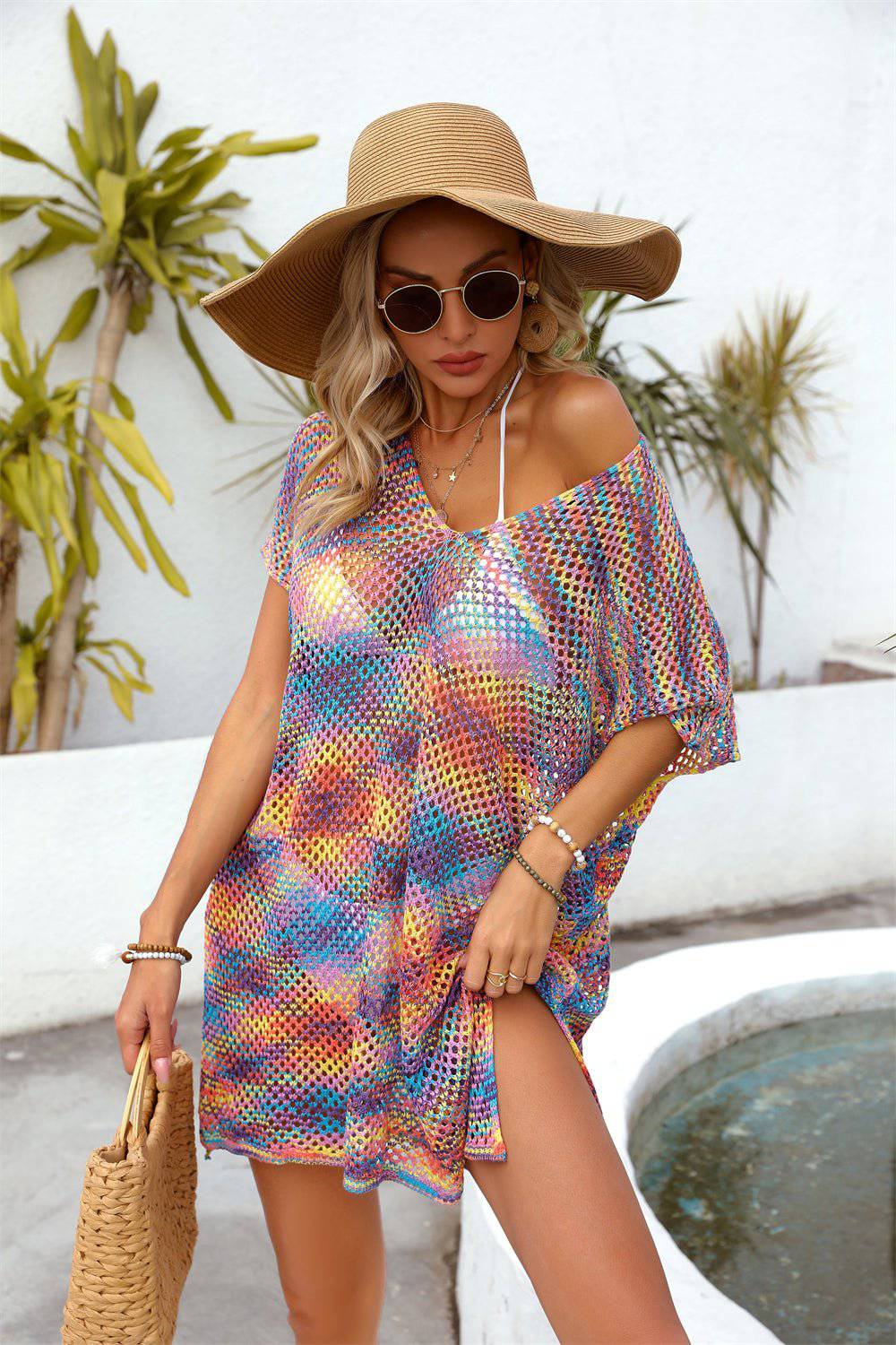 Boho Rainbow Stitching Beach Blouse    