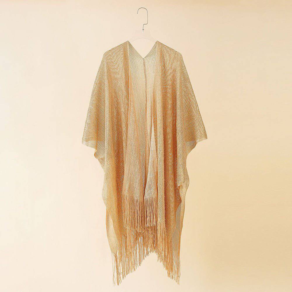 Boho Solid Color Sun Proof Tassel Knit Beach Cover-Up Cardigan  One Size Khaki 