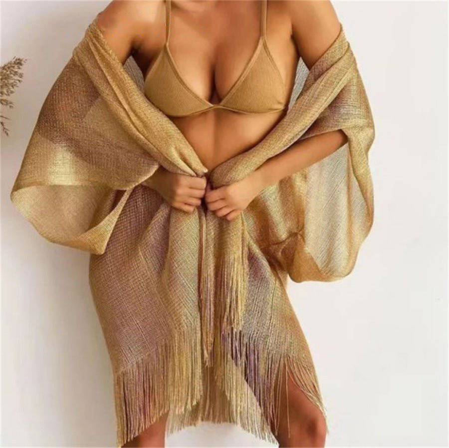 Boho Solid Color Sun Proof Tassel Knit Beach Cover-Up Cardigan    