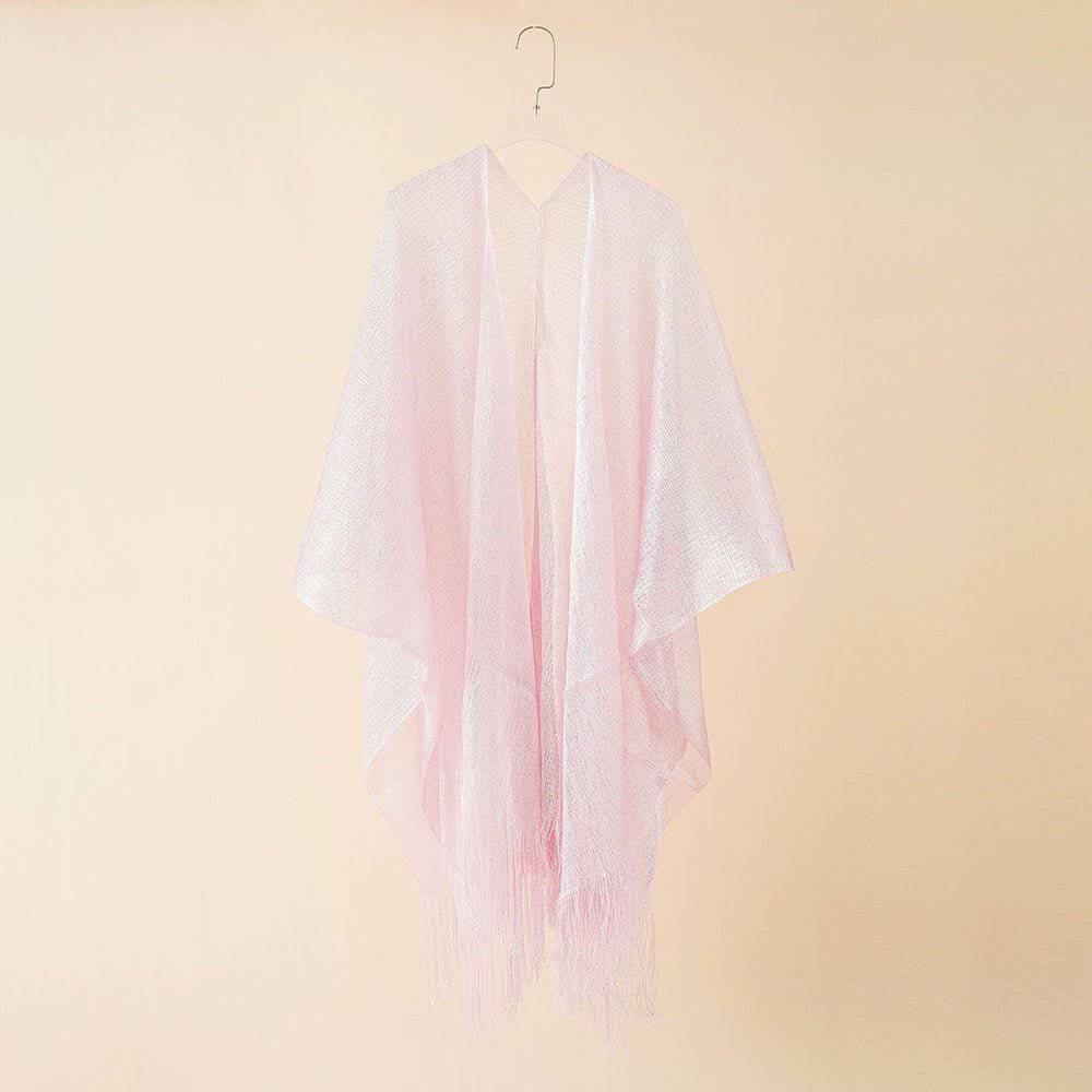 Boho Solid Color Sun Proof Tassel Knit Beach Cover-Up Cardigan  One Size Pink 