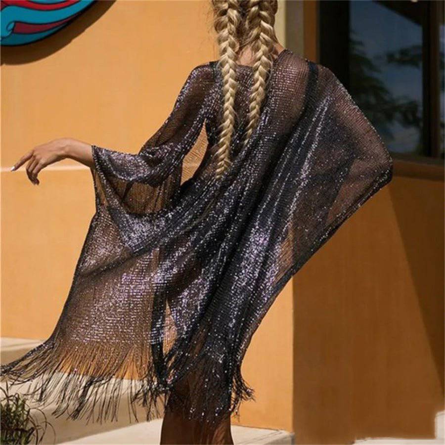 Boho Solid Color Sun Proof Tassel Knit Beach Cover-Up Cardigan    