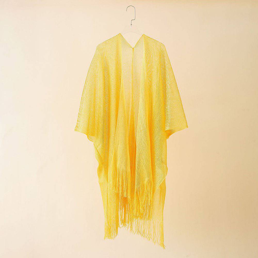 Boho Solid Color Sun Proof Tassel Knit Beach Cover-Up Cardigan  One Size Yellow 