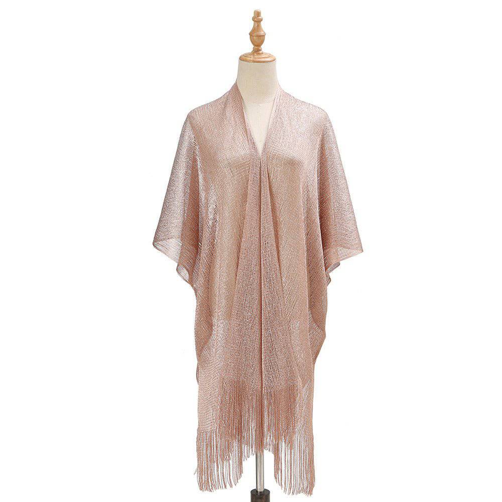 Boho Solid Color Sun Proof Tassel Knit Beach Cover-Up Cardigan  One Size Khaki1 