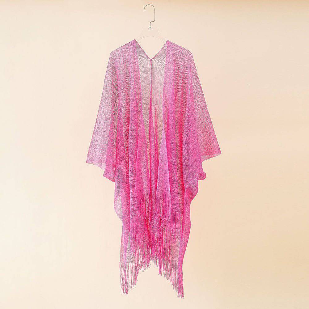 Boho Solid Color Sun Proof Tassel Knit Beach Cover-Up Cardigan  One Size Coral Red 