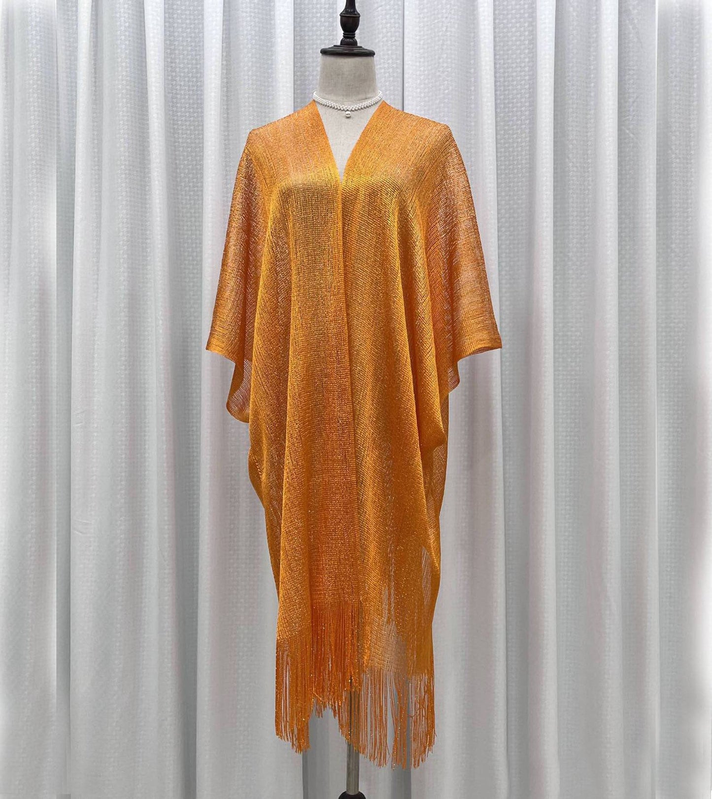 Boho Solid Color Sun Proof Tassel Knit Beach Cover-Up Cardigan  One Size Orange1 
