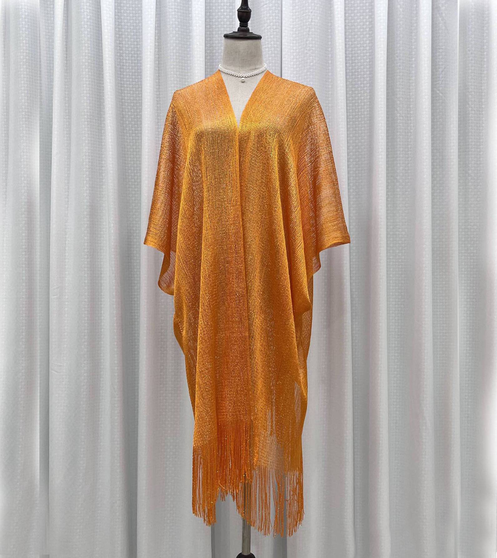 Boho Solid Color Sun Proof Tassel Knit Beach Cover-Up Cardigan  One Size Orange1 