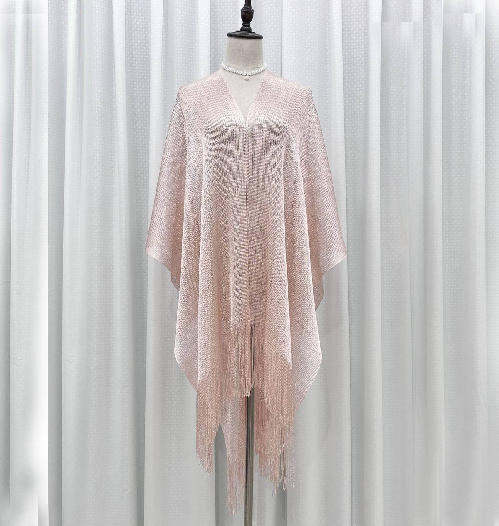 Boho Solid Color Sun Proof Tassel Knit Beach Cover-Up Cardigan  One Size Peach 