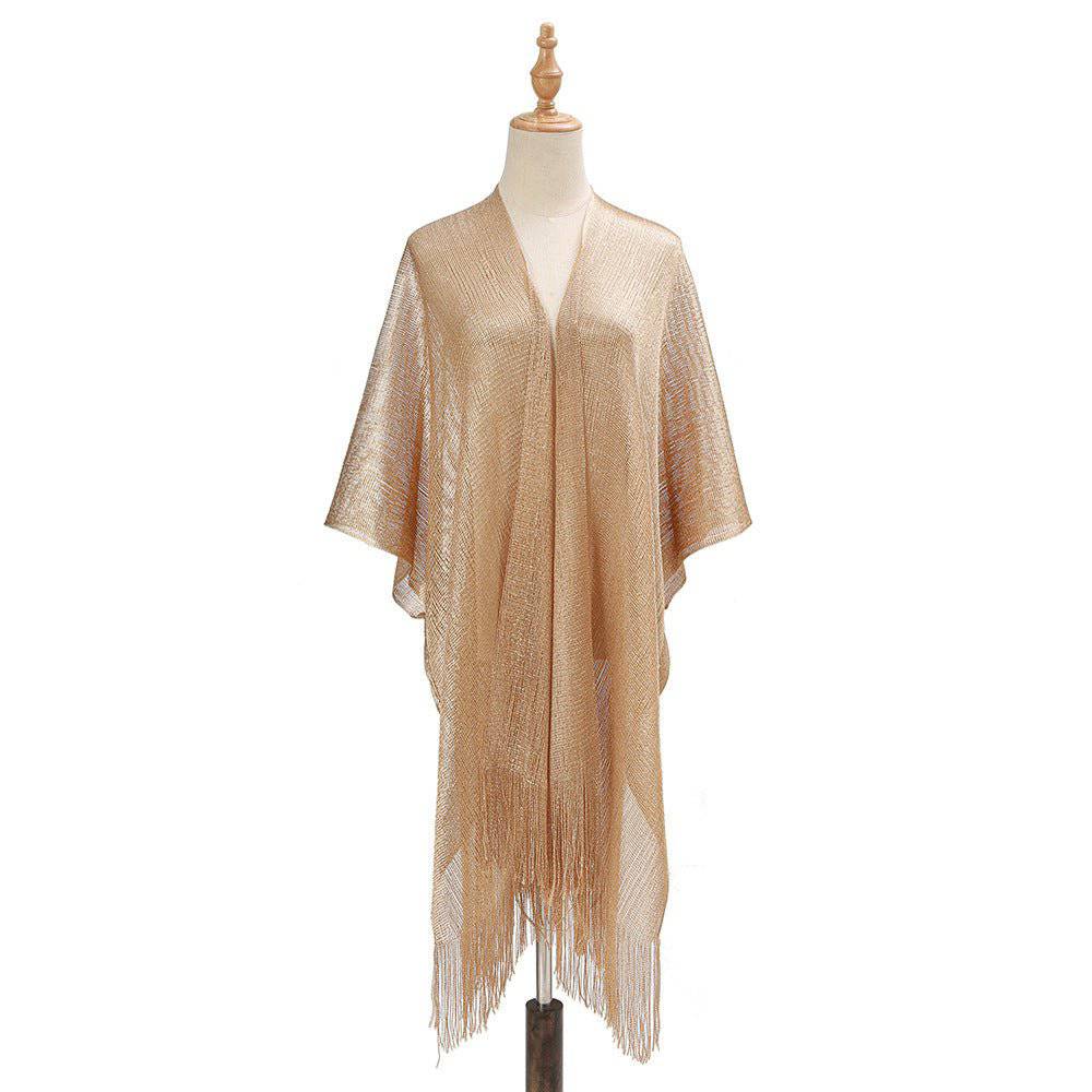 Boho Solid Color Sun Proof Tassel Knit Beach Cover-Up Cardigan  One Size Gold 
