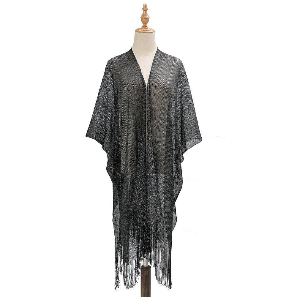 Boho Solid Color Sun Proof Tassel Knit Beach Cover-Up Cardigan  One Size Black 