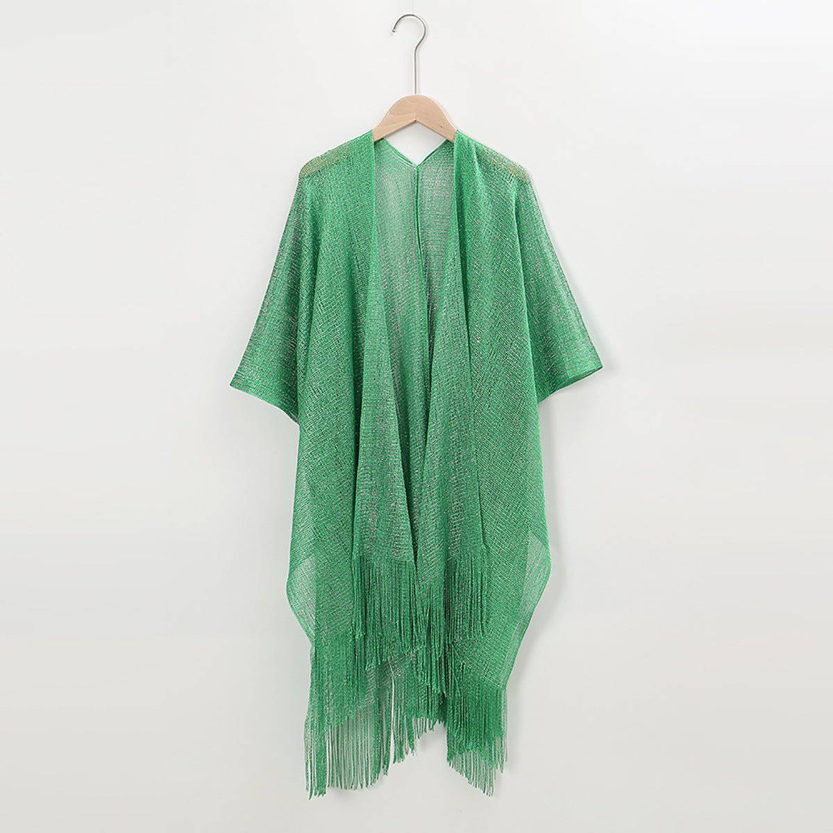 Boho Solid Color Sun Proof Tassel Knit Beach Cover-Up Cardigan  One Size Green 