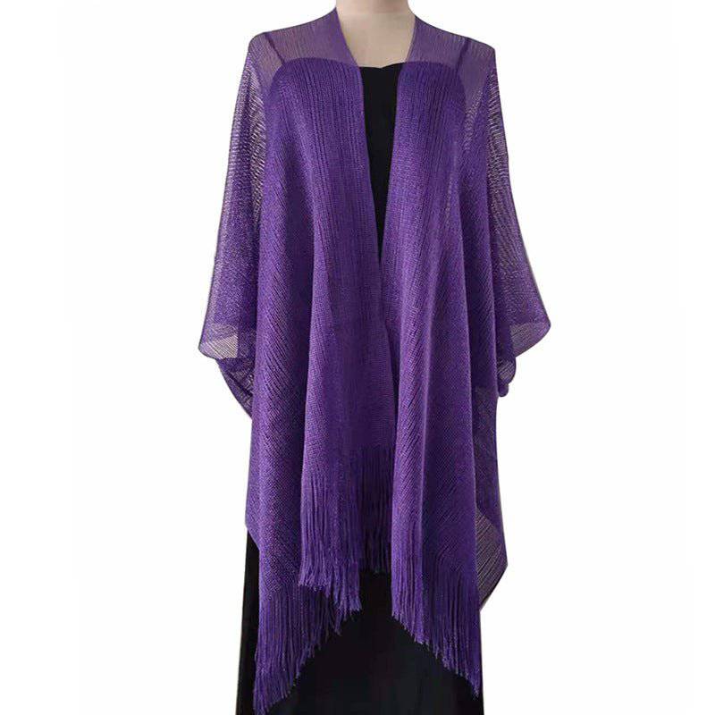 Boho Solid Color Sun Proof Tassel Knit Beach Cover-Up Cardigan  One Size Purple1 