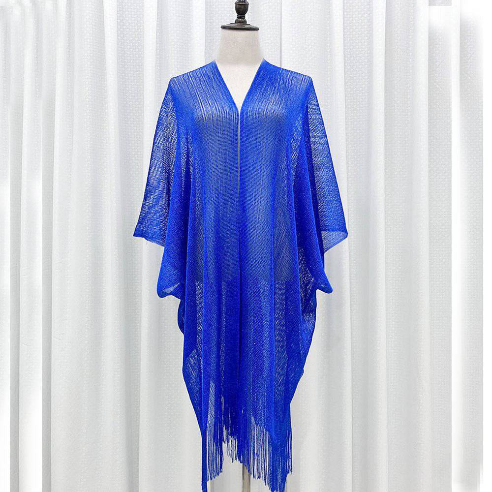 Boho Solid Color Sun Proof Tassel Knit Beach Cover-Up Cardigan  One Size Blue 