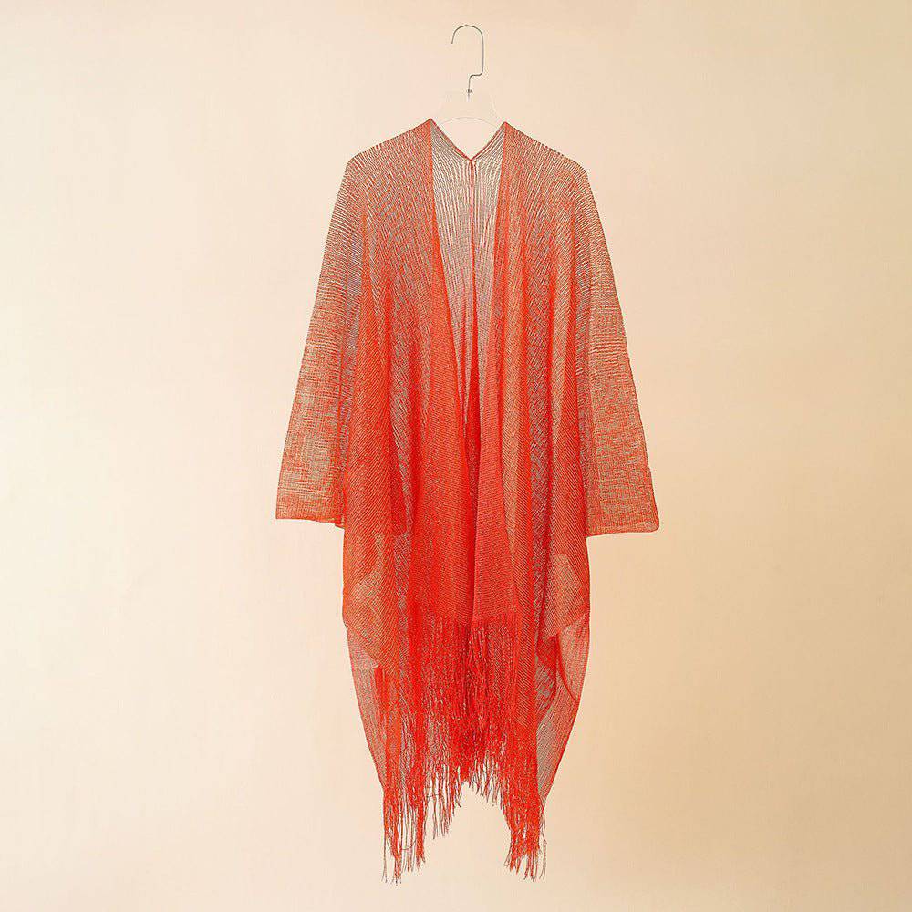 Boho Solid Color Sun Proof Tassel Knit Beach Cover-Up Cardigan  One Size Orange 