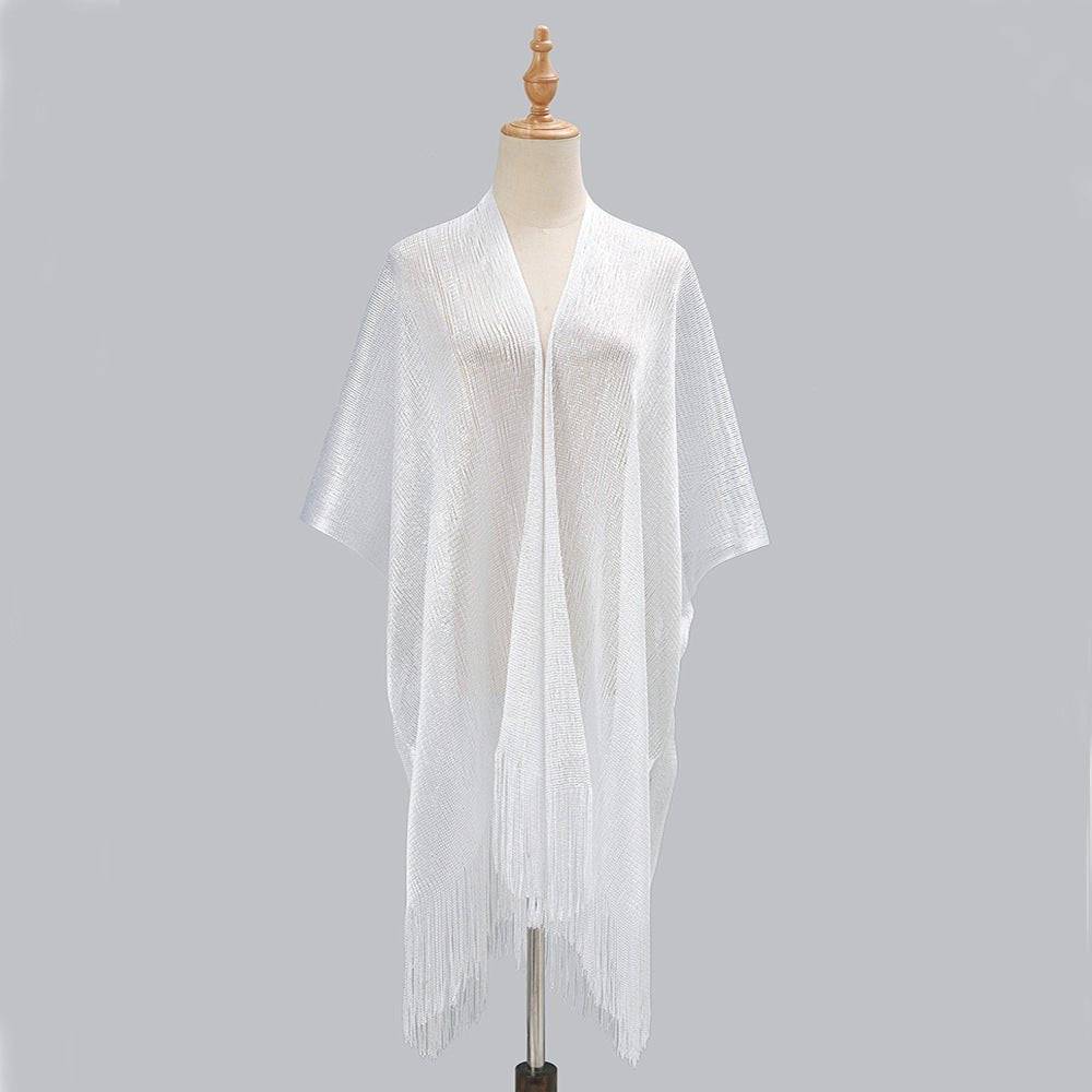 Boho Solid Color Sun Proof Tassel Knit Beach Cover-Up Cardigan  One Size White 